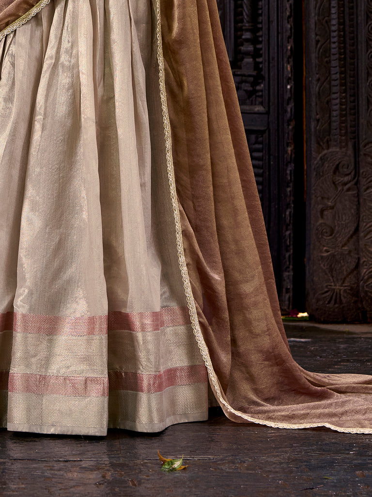 Glamorous Cream Zari Weaving Silk Half Saree Lehenga Choli