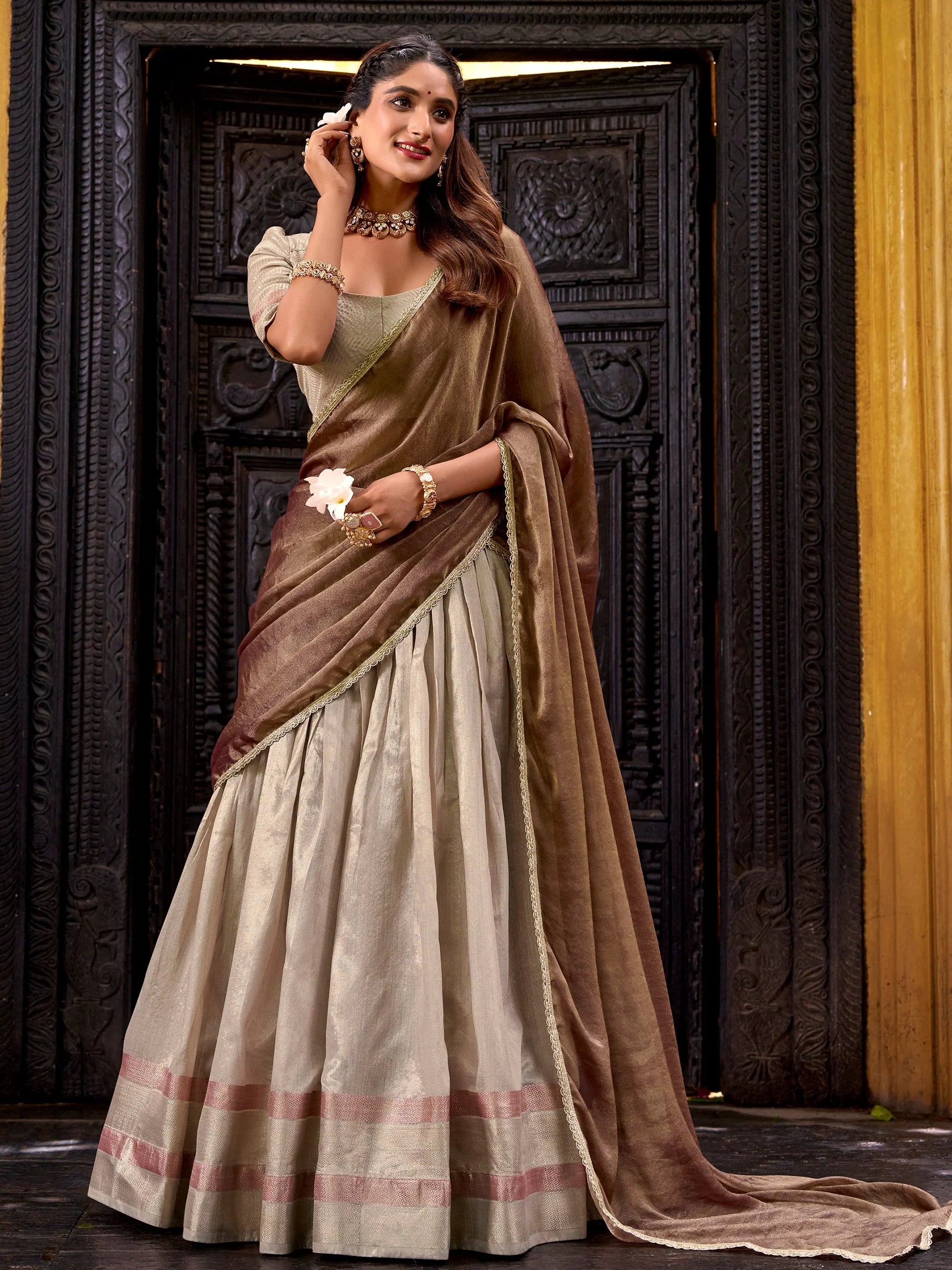 Glamorous Cream Zari Weaving Silk Half Saree Lehenga Choli