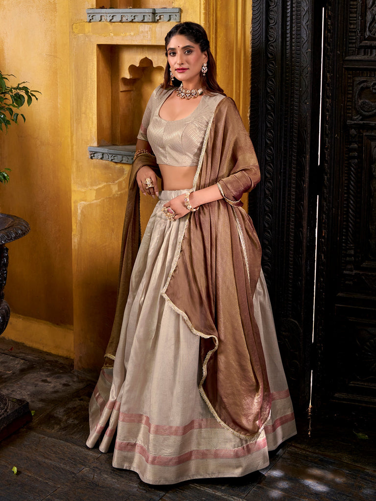 Glamorous Cream Zari Weaving Silk Half Saree Lehenga Choli