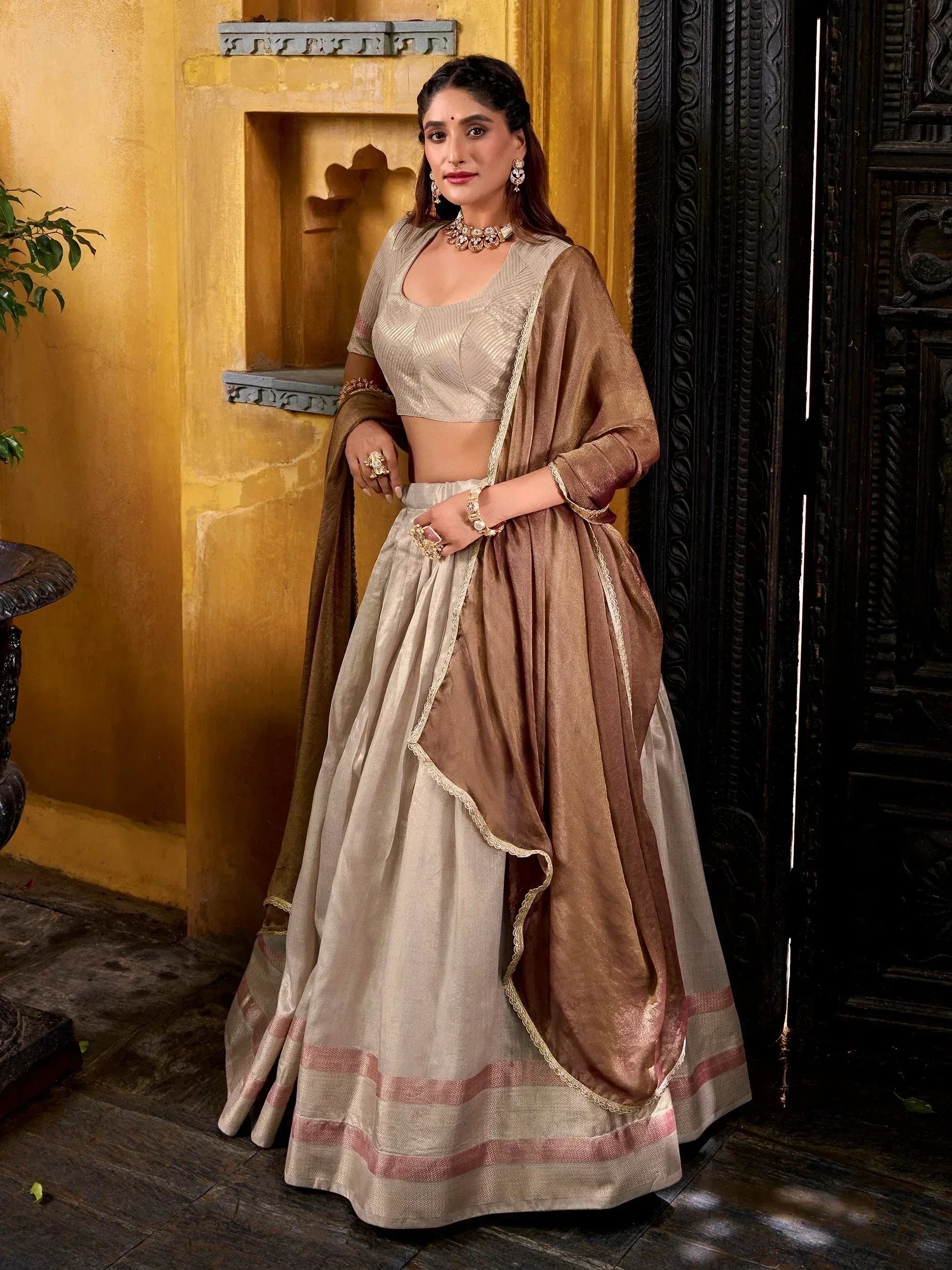 Glamorous Cream Zari Weaving Silk Half Saree Lehenga Choli