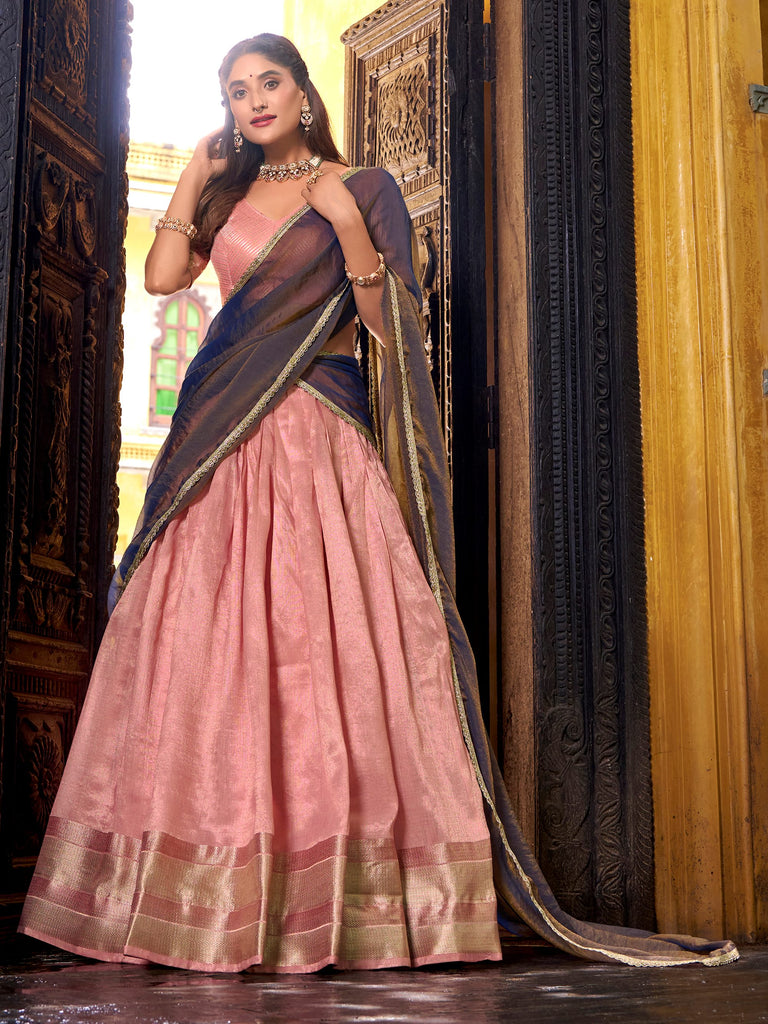Elegant Light Pink Zari Weaving Silk  Half Saree Lehenga Choli