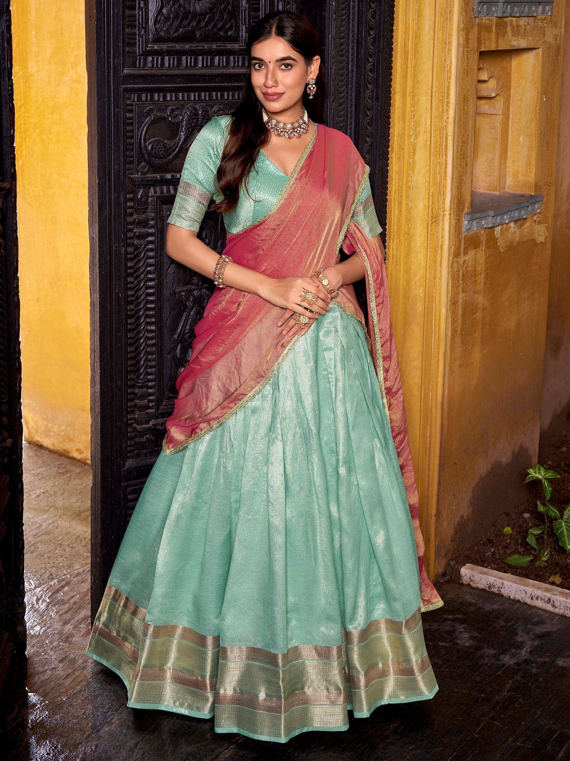 Charming Sky Blue Zari Weaving Silk Half Saree Lehenga Choli