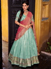 Charming Sky Blue Zari Weaving Silk Half Saree Lehenga Choli