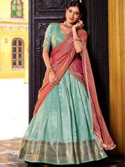 Charming Sky Blue Zari Weaving Silk Half Saree Lehenga Choli