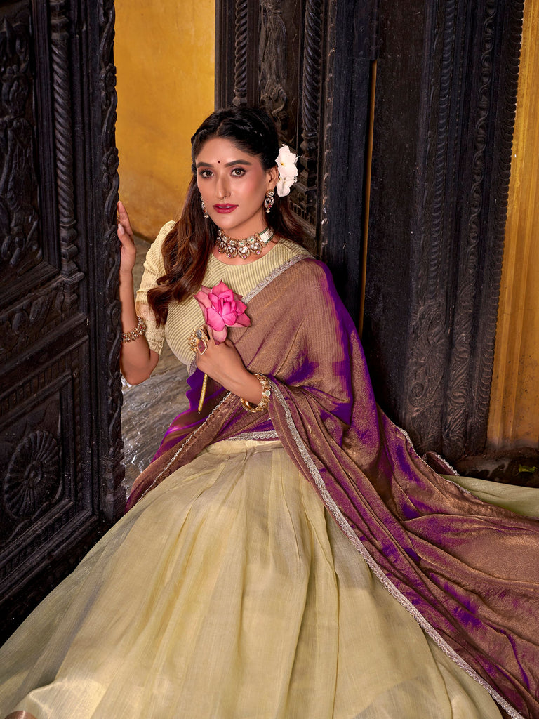 Stunning Yellow Zari Weaving Silk Half Saree Lehenga Choli