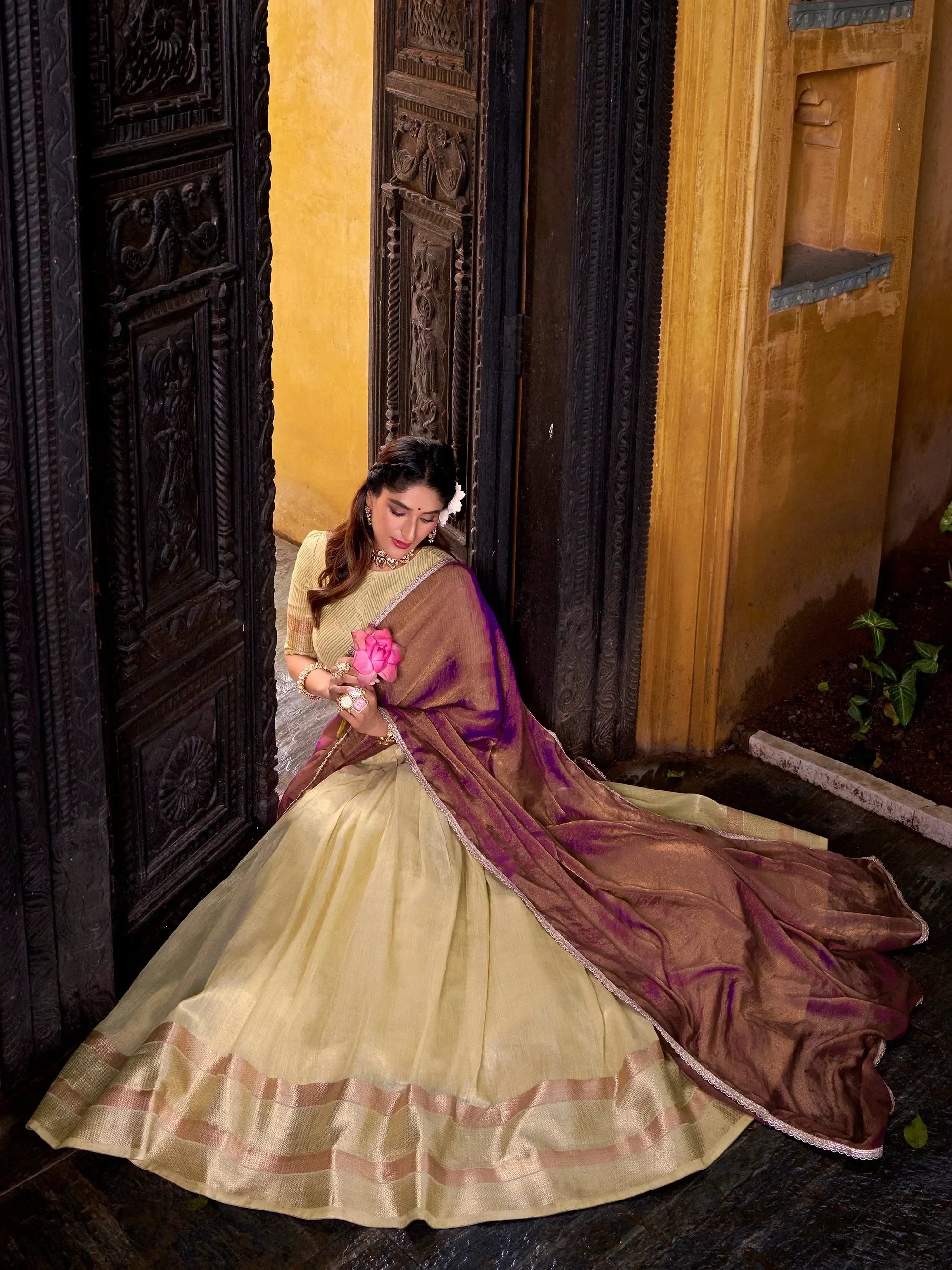 Stunning Yellow Zari Weaving Silk Half Saree Lehenga Choli