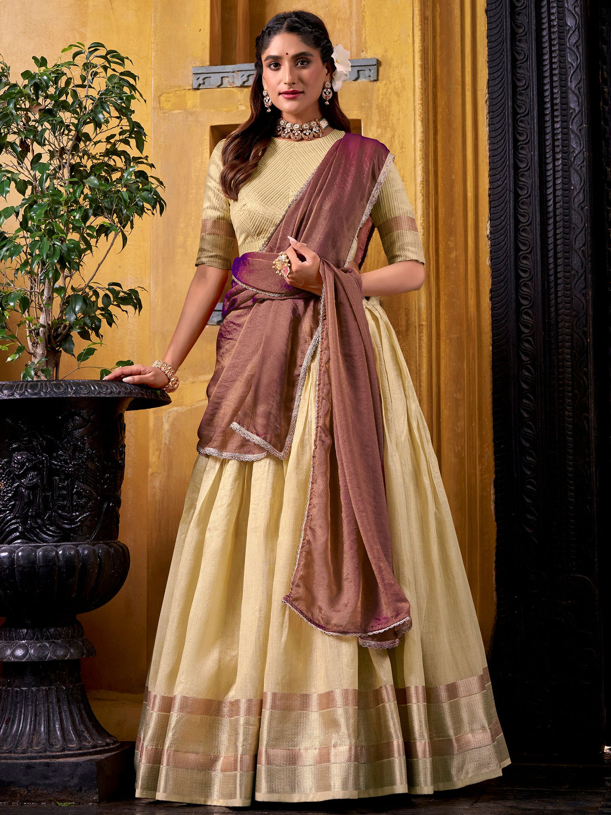 Stunning Yellow Zari Weaving Silk Half Saree Lehenga Choli