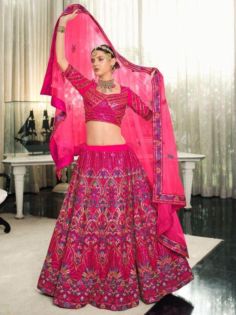 Prodigious Dark Pink Floral Embroidered Lehenga Choli With Dupatta