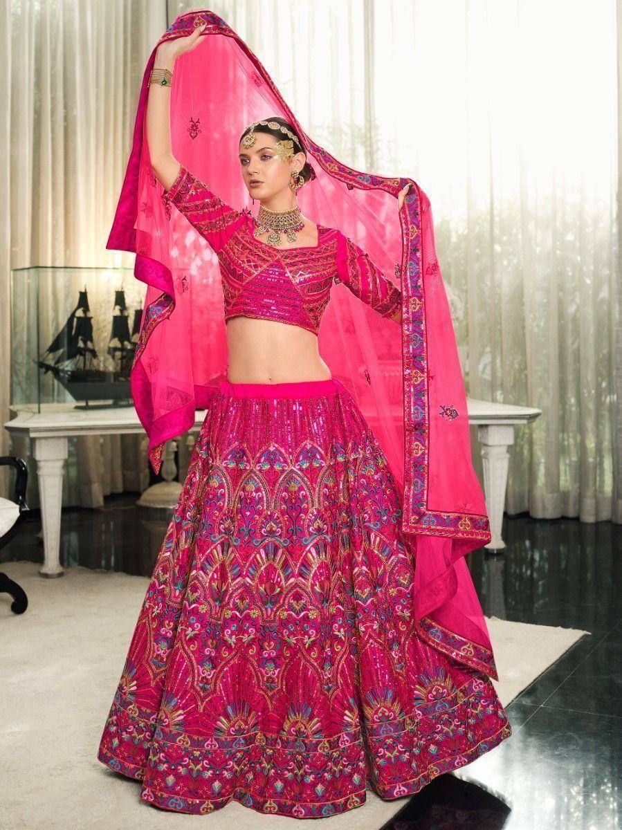 Pink embroidered lehenga choli with matching dupatta, traditional Indian ethnic wear for weddings and festivals