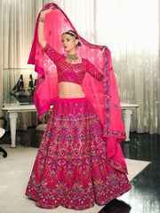 Prodigious Dark Pink Floral Embroidered Lehenga Choli With Dupatta