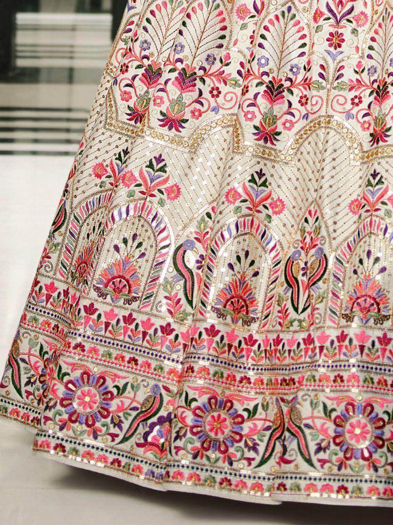 Admirable White Floral Embroidered Silk Lehenga Choli With Dupatta