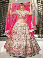 Admirable White Floral Embroidered Silk Lehenga Choli With Dupatta