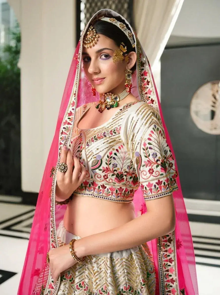 Admirable White Floral Embroidered Silk Lehenga Choli With Dupatta