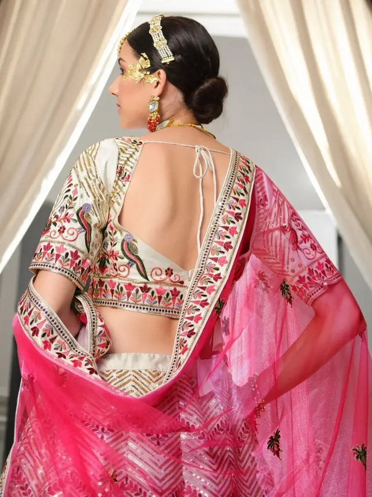 Admirable White Floral Embroidered Silk Lehenga Choli With Dupatta