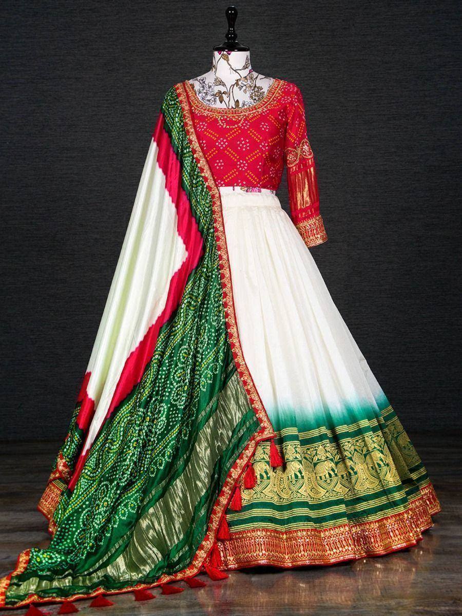 Red and green embroidered lehenga choli with white skirt and dupatta, Indian ethnic wear