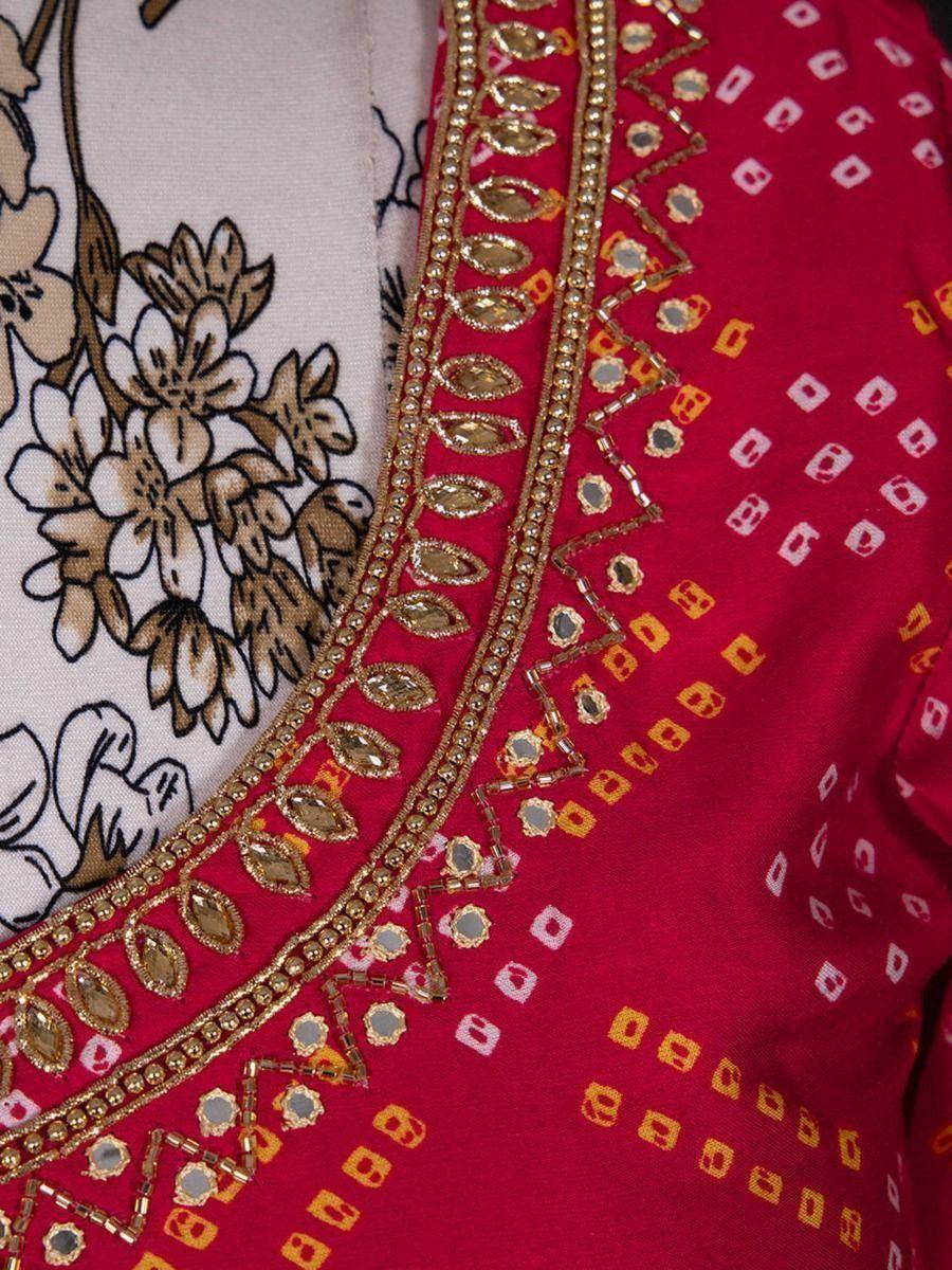 Red ethnic kurti with gold mirror work and floral print, perfect for Indian wear