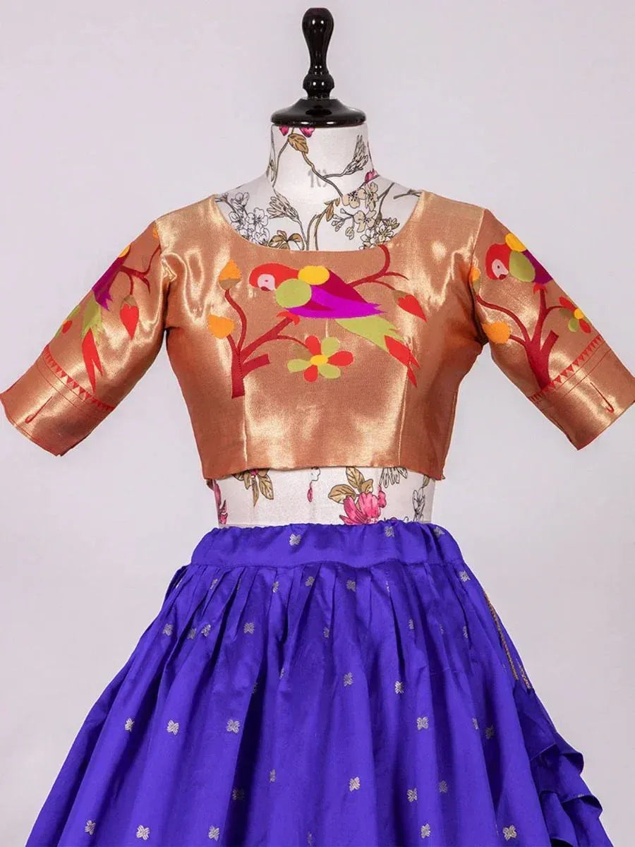 Gold embroidered blouse with parrot print paired with purple lehenga skirt, Indian ethnic wear
