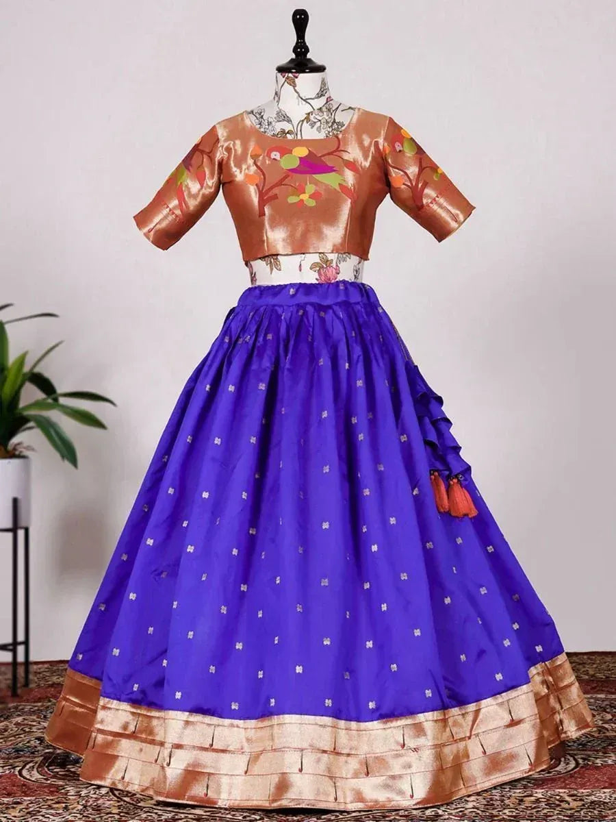 Blue and gold ethnic lehenga choli with bird print blouse, perfect for Indian weddings and festive occasions