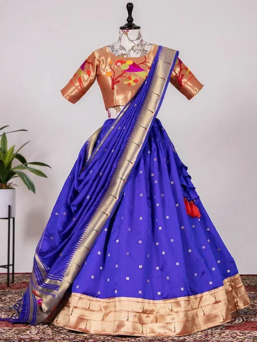 Royal blue lehenga choli with gold border and floral embroidered blouse, Indian ethnic wear
