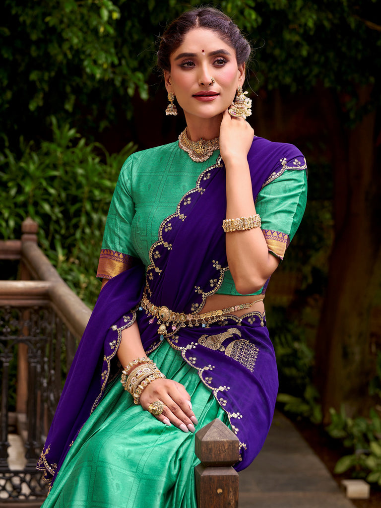Great Sea Green Zari Waving Cotton Function Wear Half Saree Lehenga