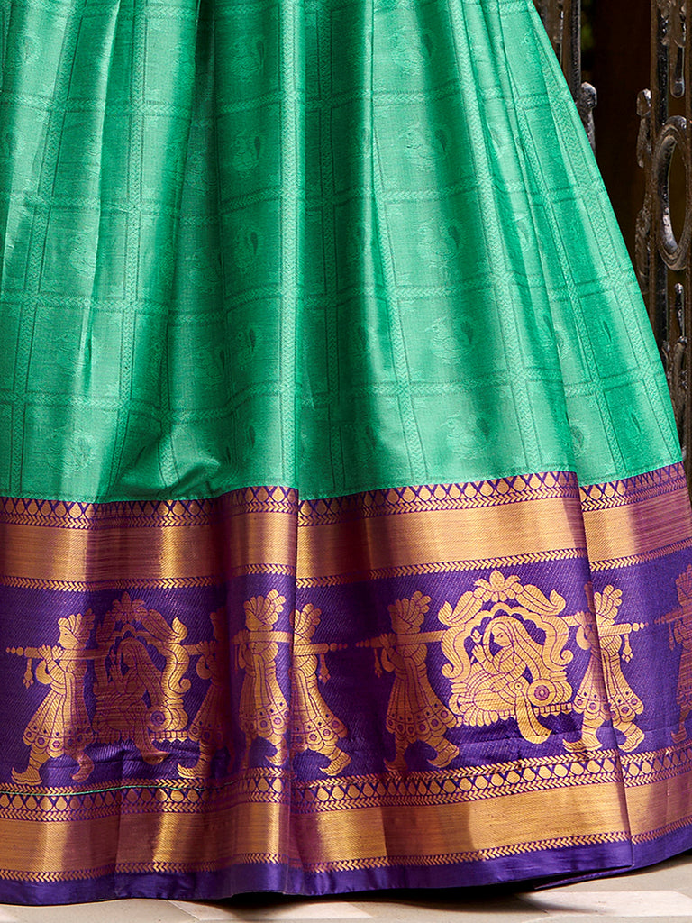 Great Sea Green Zari Waving Cotton Function Wear Half Saree Lehenga