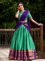 Great Sea Green Zari Waving Cotton Function Wear Half Saree Lehenga