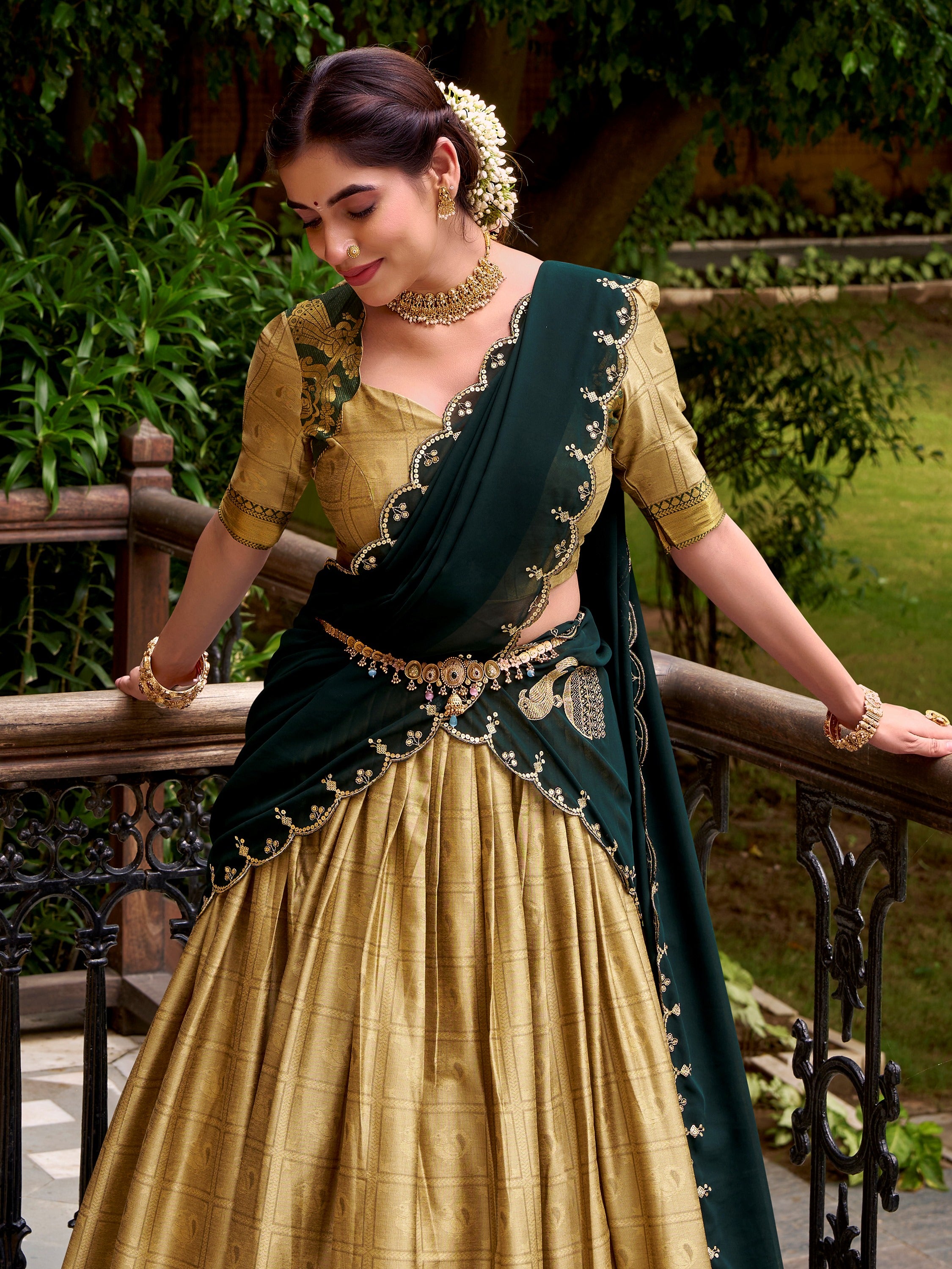 Marvelous Cream Zari Weaving Silk Marriage Wear Half Saree Lehenga