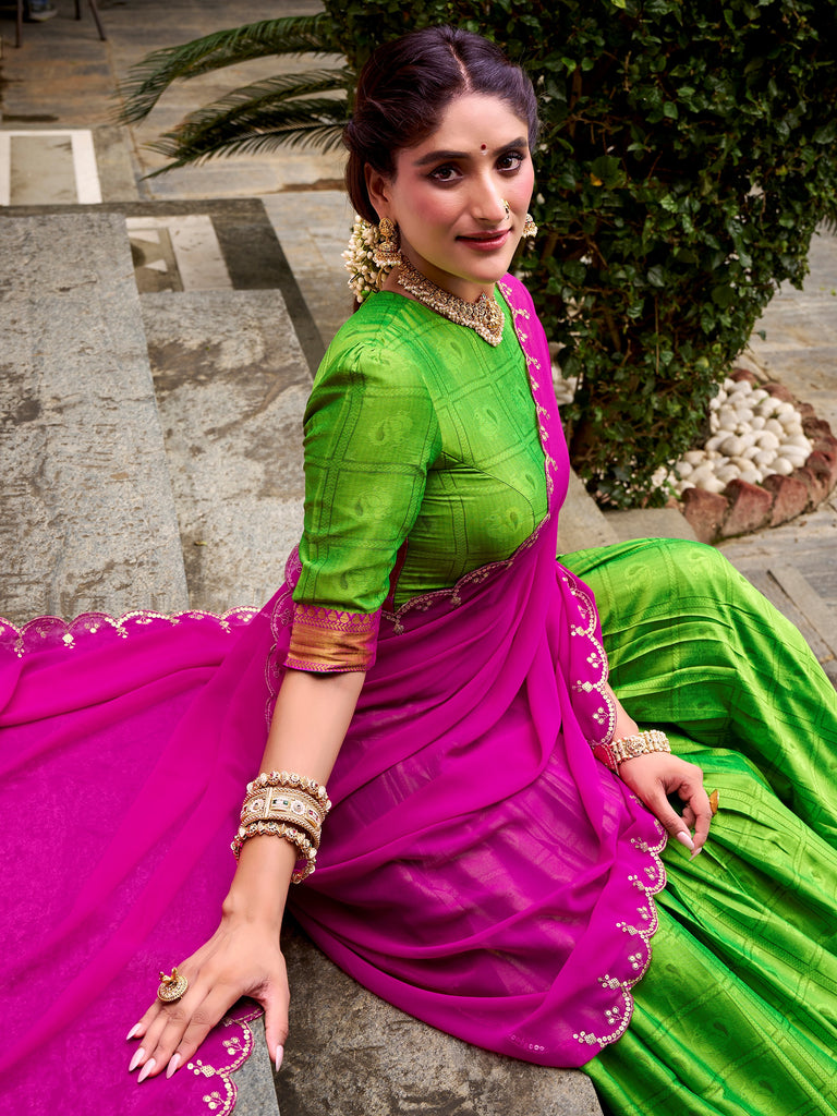 Glorious Green Zari Waving Cotton Wedding Wear Half Saree Lehenga