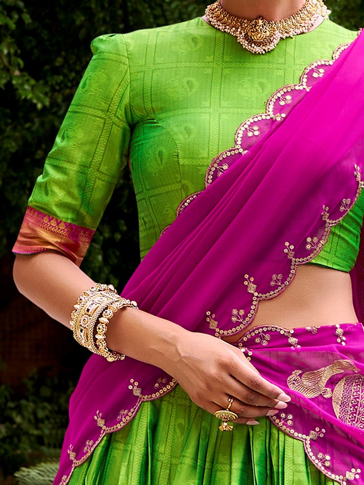 Glorious Green Zari Waving Cotton Wedding Wear Half Saree Lehenga