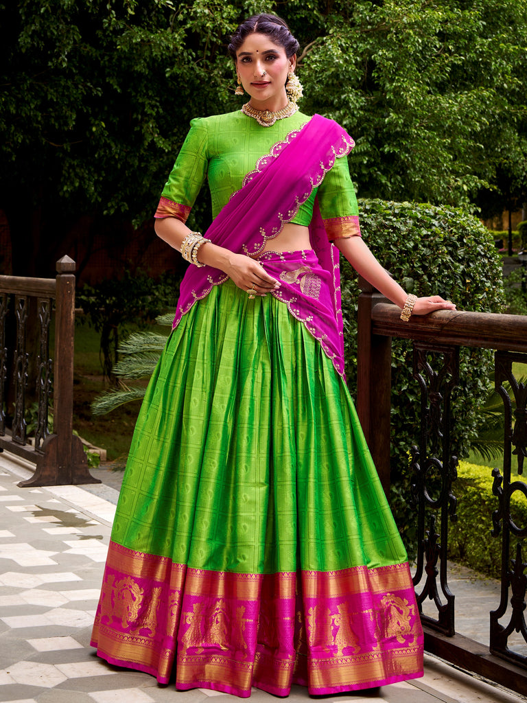 Glorious Green Zari Waving Cotton Wedding Wear Half Saree Lehenga