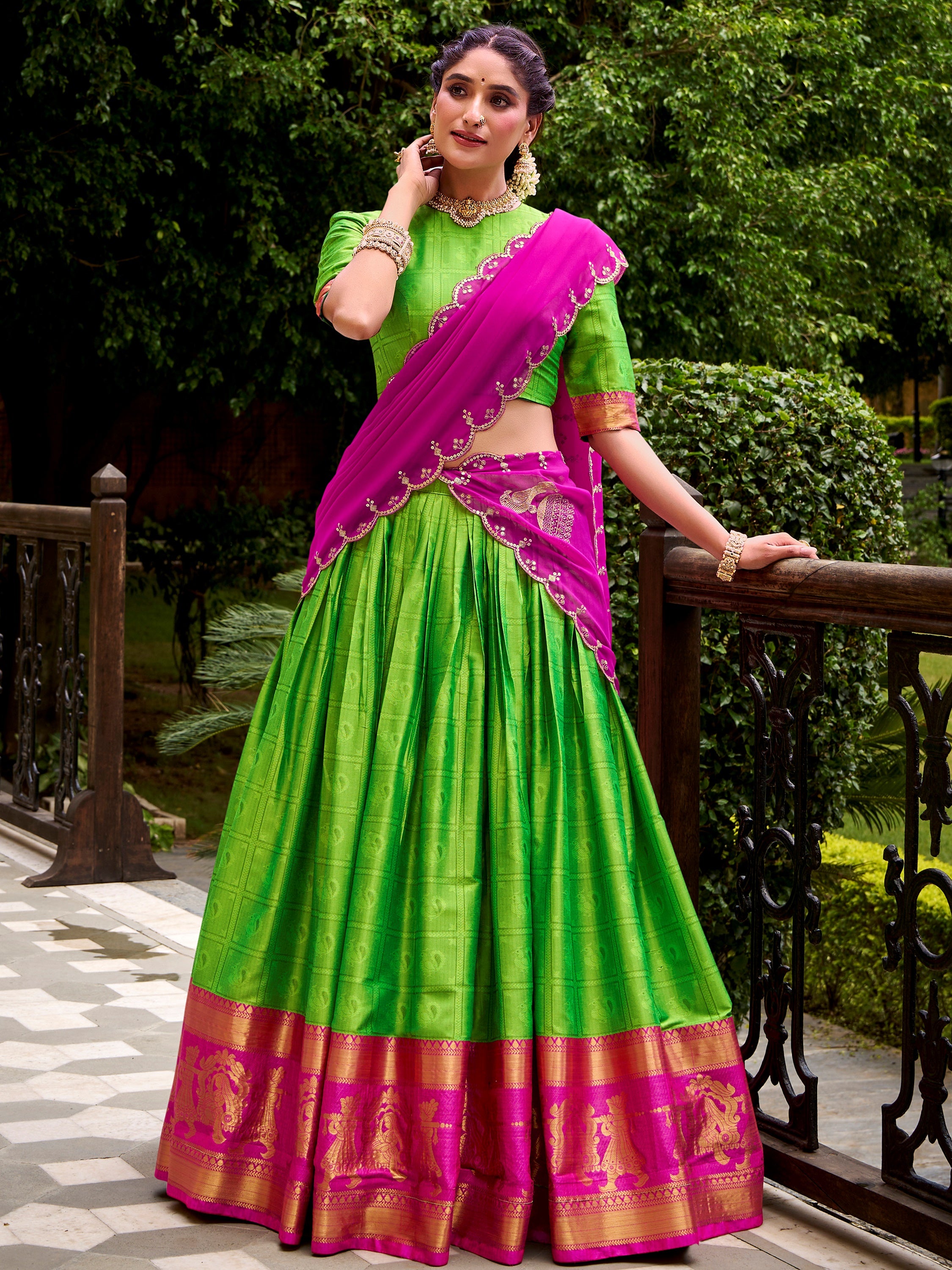 Glorious Green Zari Waving Cotton Wedding Wear Half Saree Lehenga