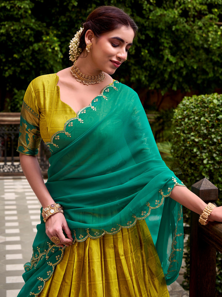 Stunning Yellow Zari Waving Cotton Event Wear Half Saree Lehenga