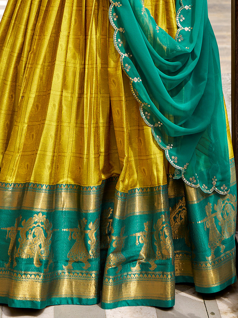 Stunning Yellow Zari Waving Cotton Event Wear Half Saree Lehenga