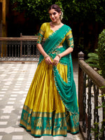 Stunning Yellow Zari Waving Cotton Event Wear Half Saree Lehenga
