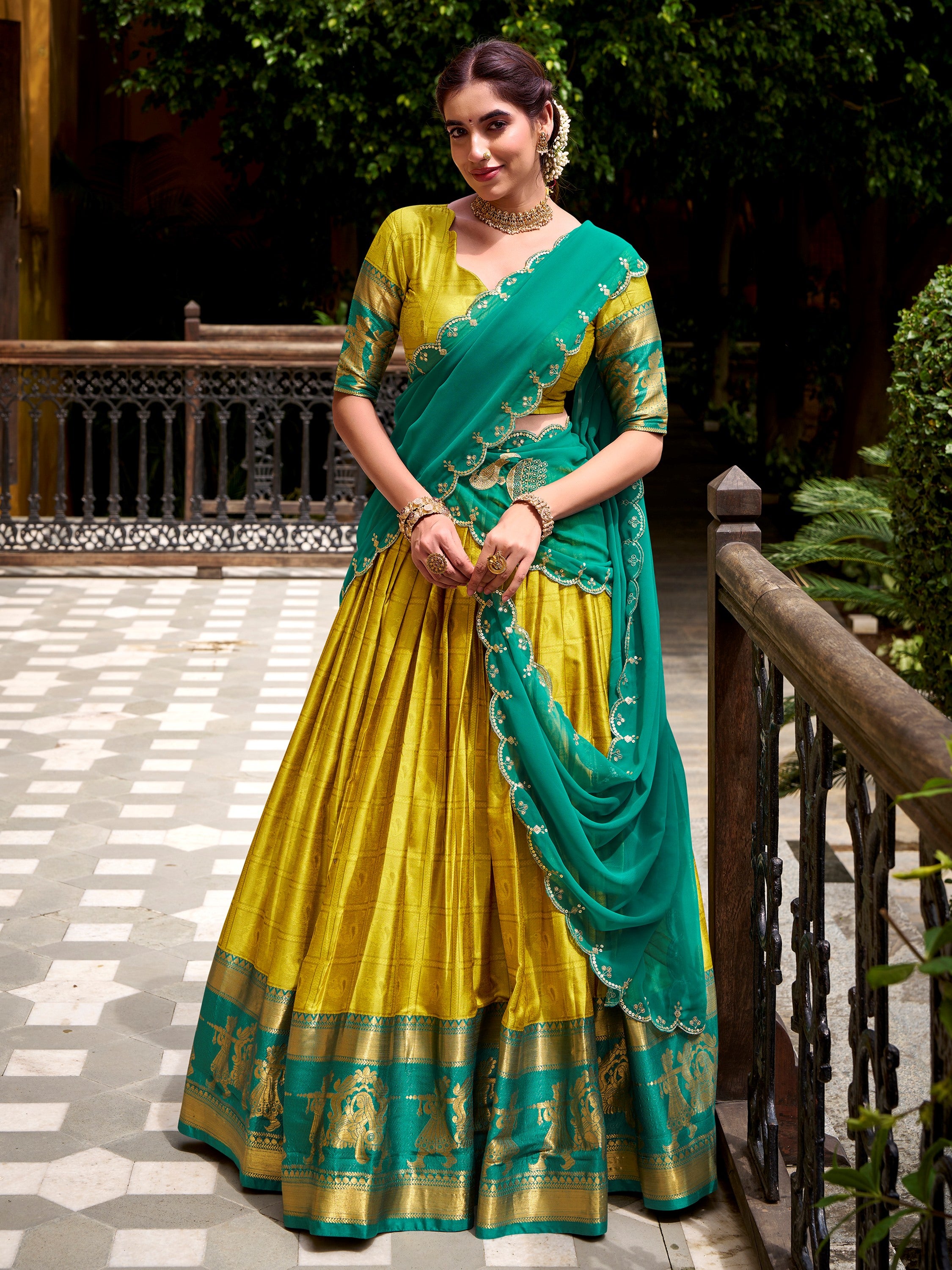 Stunning Yellow Zari Waving Cotton Event Wear Half Saree Lehenga