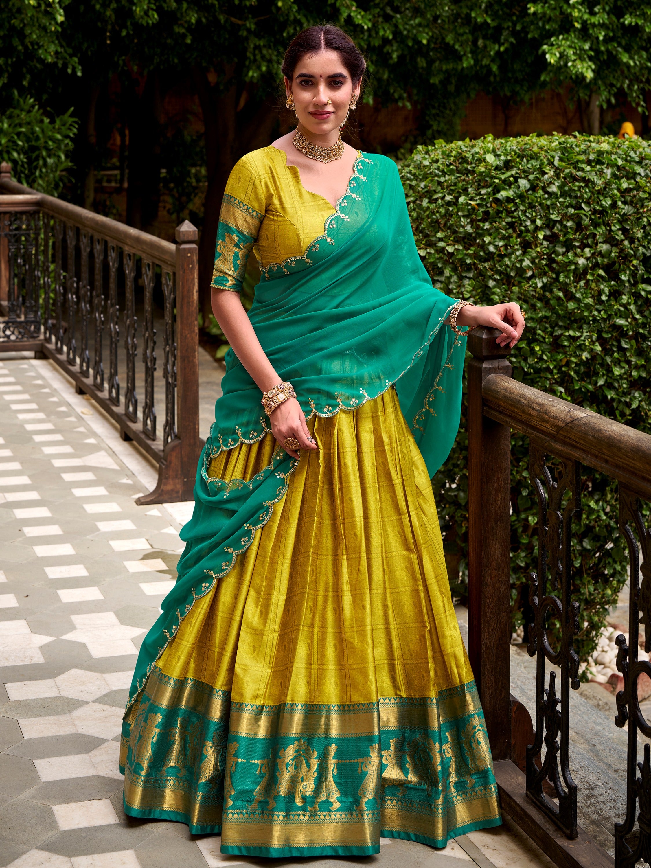 Stunning Yellow Zari Waving Cotton Event Wear Half Saree Lehenga