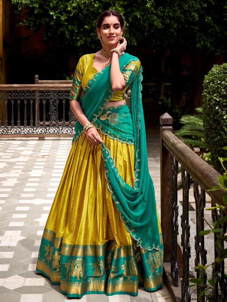 Stunning Yellow Zari Waving Cotton Event Wear Half Saree Lehenga