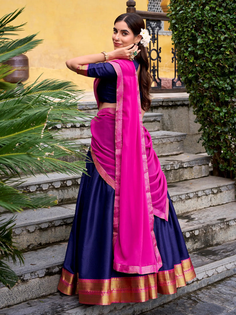 Pretty Blue Zari Weaving Cotton Wedding Wear Half Saree Lehenga Choli