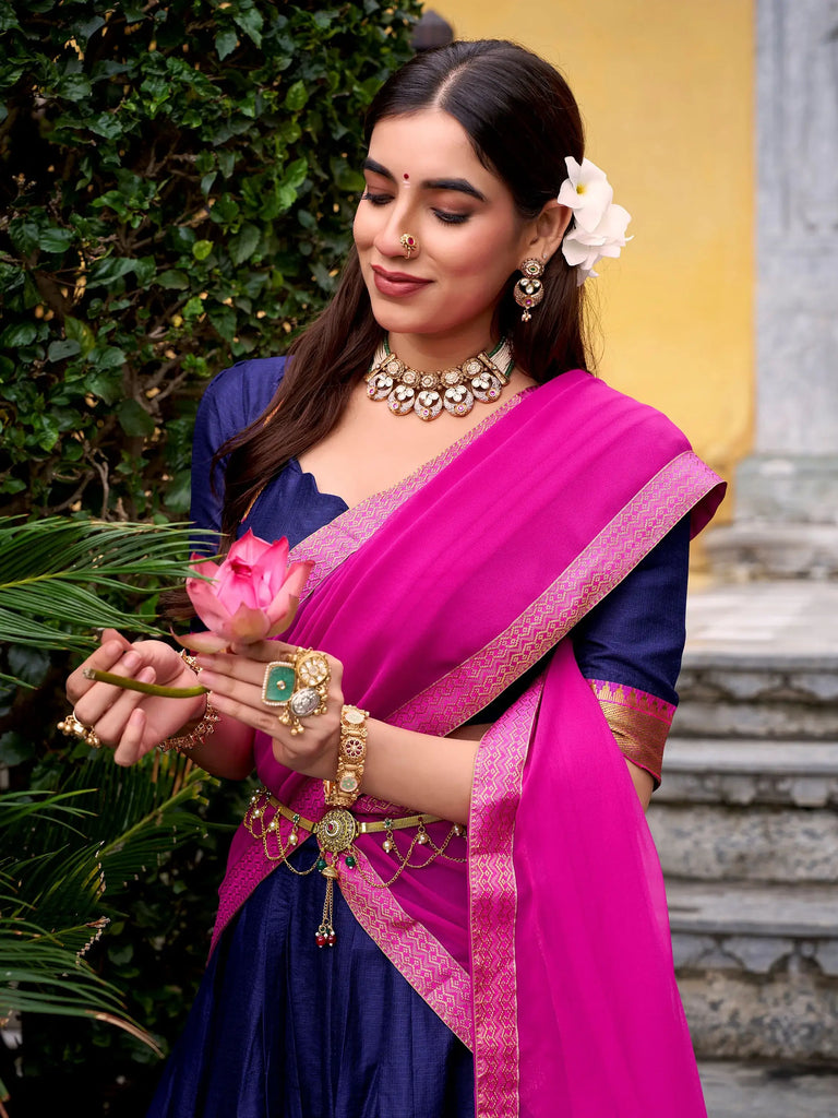 Pretty Blue Zari Weaving Cotton Wedding Wear Half Saree Lehenga Choli