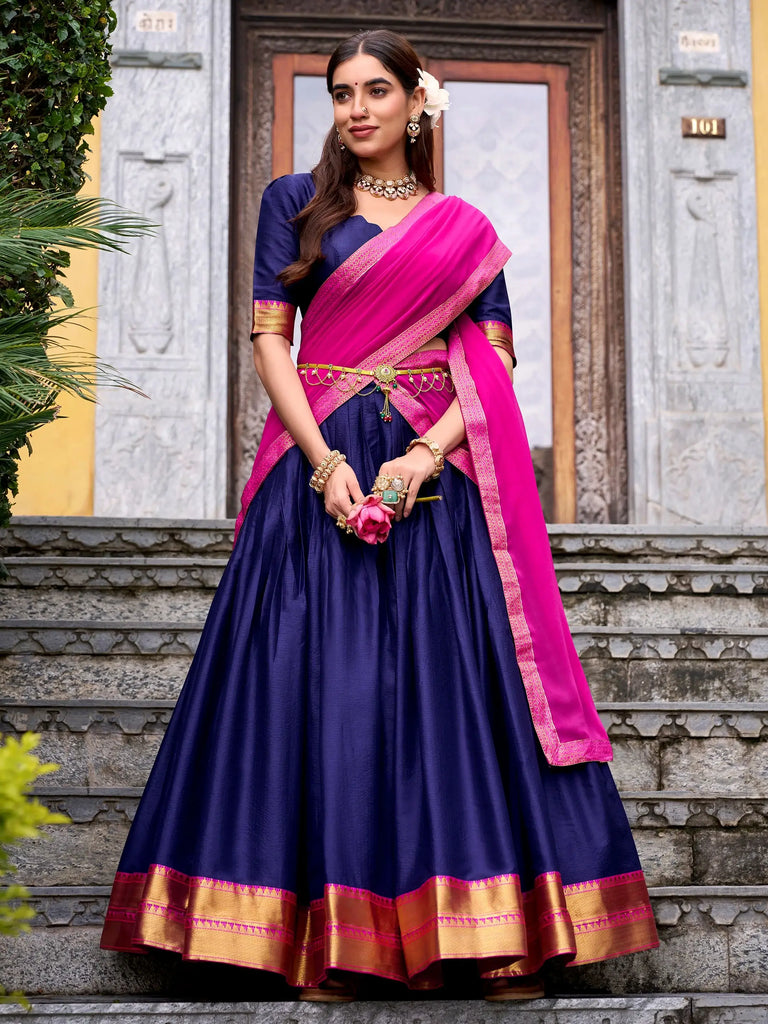 Pretty Blue Zari Weaving Cotton Wedding Wear Half Saree Lehenga Choli