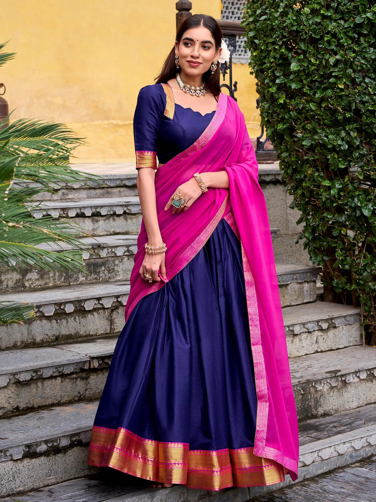 Pretty Blue Zari Weaving Cotton Wedding Wear Half Saree Lehenga Choli