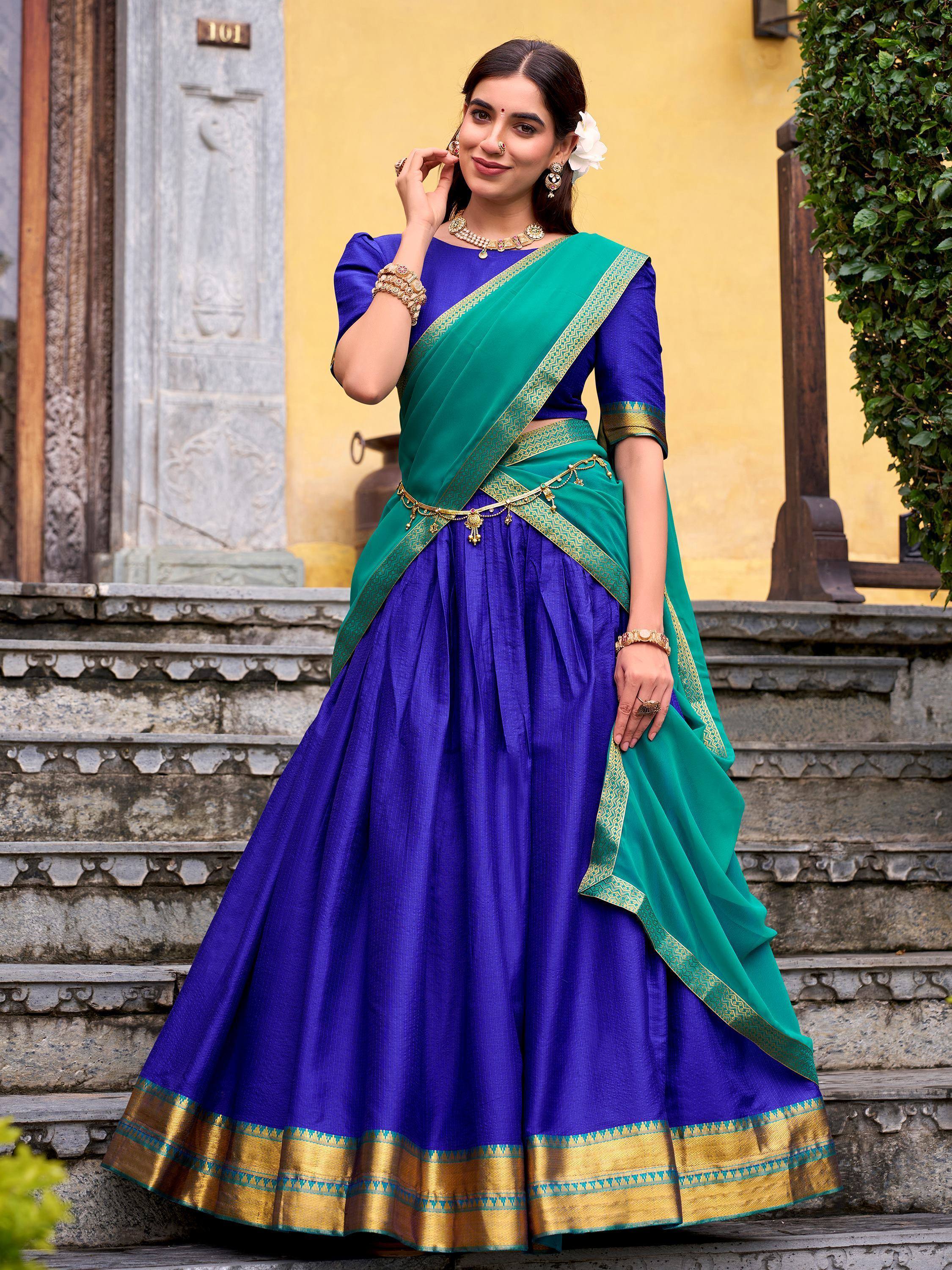 Lovely Blue Zari Weaving Cotton Festive Wear Half Saree Lehenga Choli 