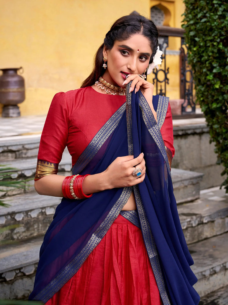 Pretty Red Zari Weaving Cotton Wedding Wear Half Saree Lehenga Choli
