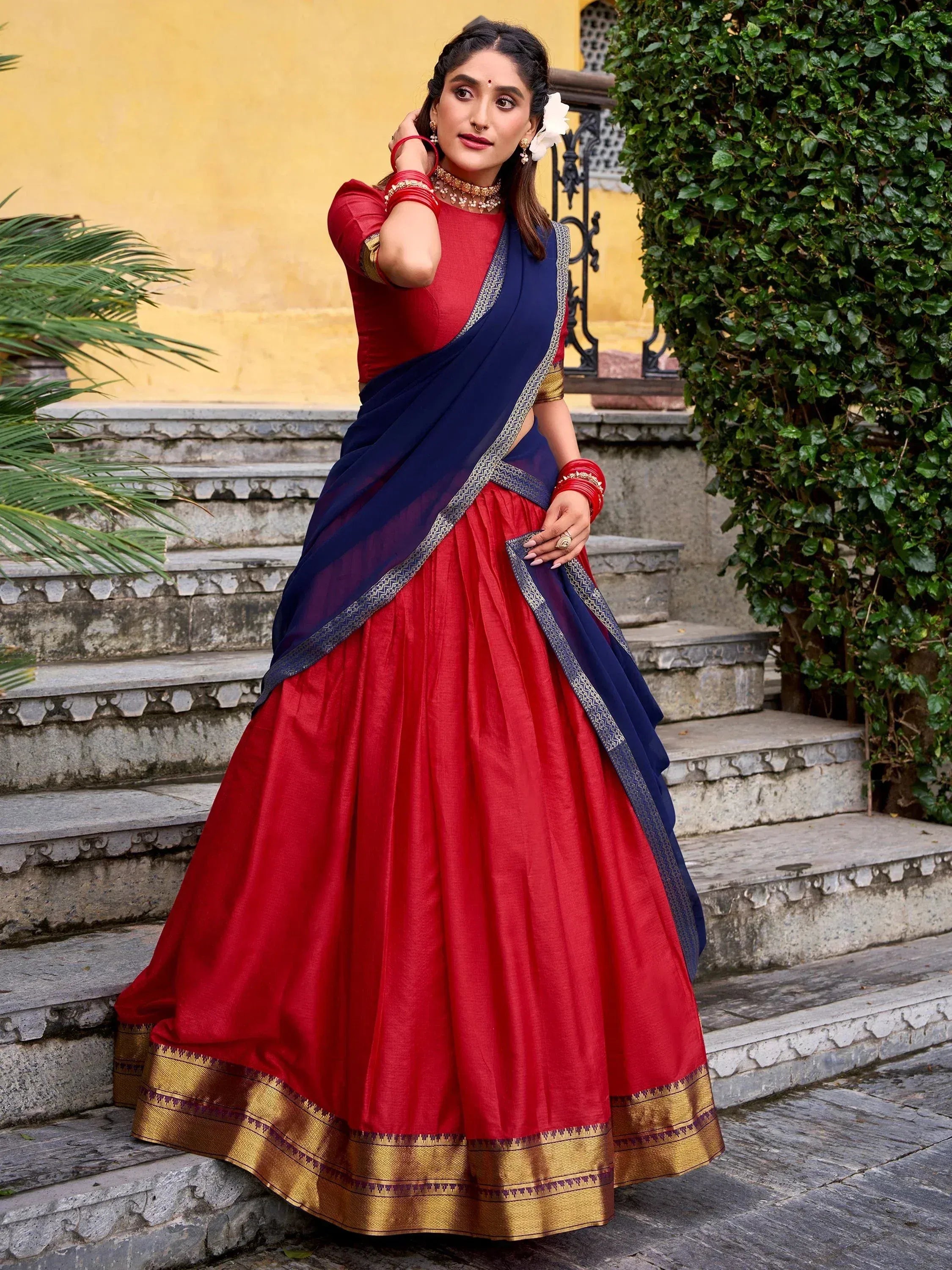 Pretty Red Zari Weaving Cotton Wedding Wear Half Saree Lehenga Choli