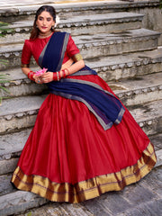 Pretty Red Zari Weaving Cotton Wedding Wear Half Saree Lehenga Choli