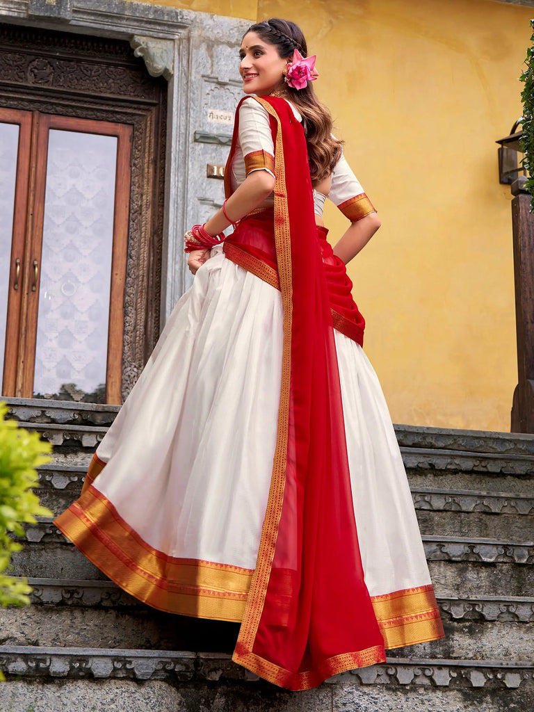 Great White Zari Weaving Cotton Festive Wear Half Saree Lehenga Choli