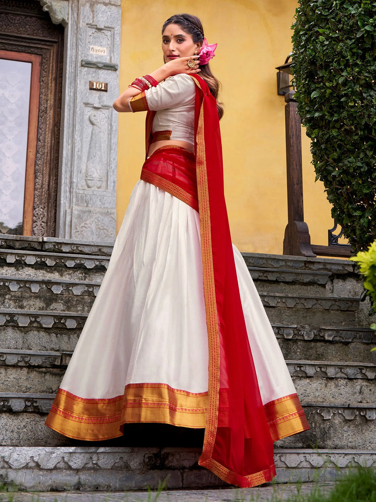 Great White Zari Weaving Cotton Festive Wear Half Saree Lehenga Choli