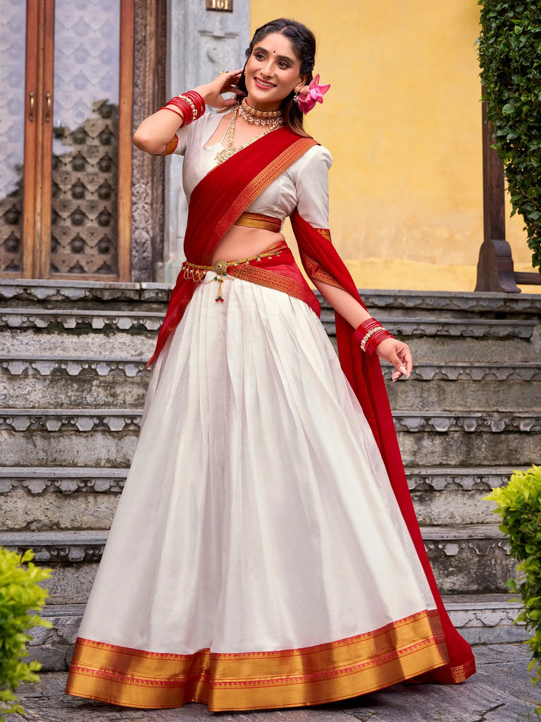 Great White Zari Weaving Cotton Festive Wear Half Saree Lehenga Choli