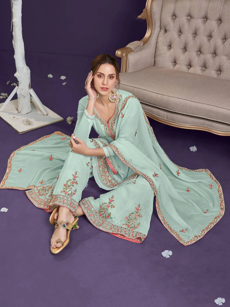 Awesome Misty Blue Thread Embroidery Georgette Festival Wear Palazzo Suit