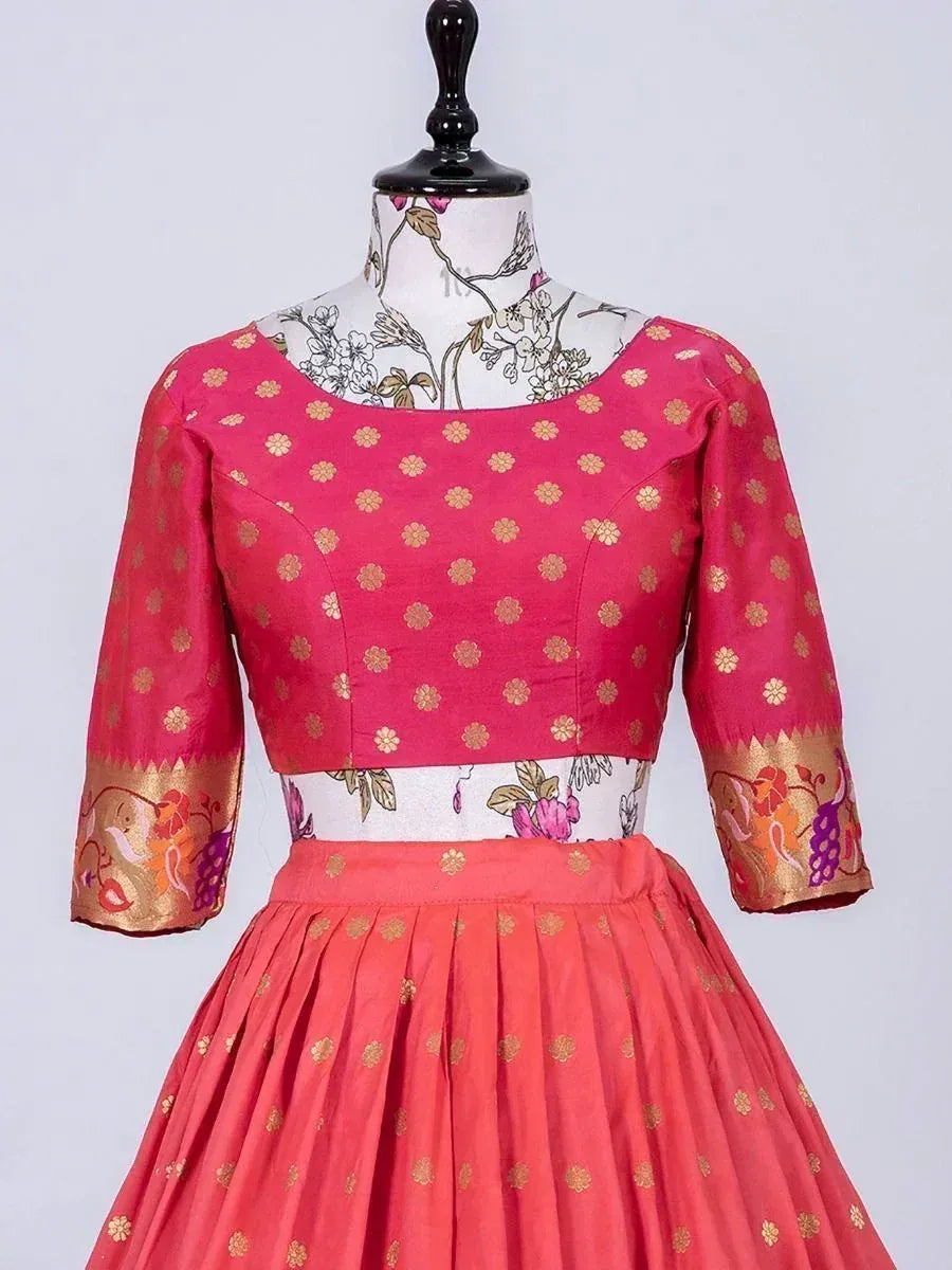 Pink floral printed ethnic lehenga choli with gold motifs and embroidered sleeves